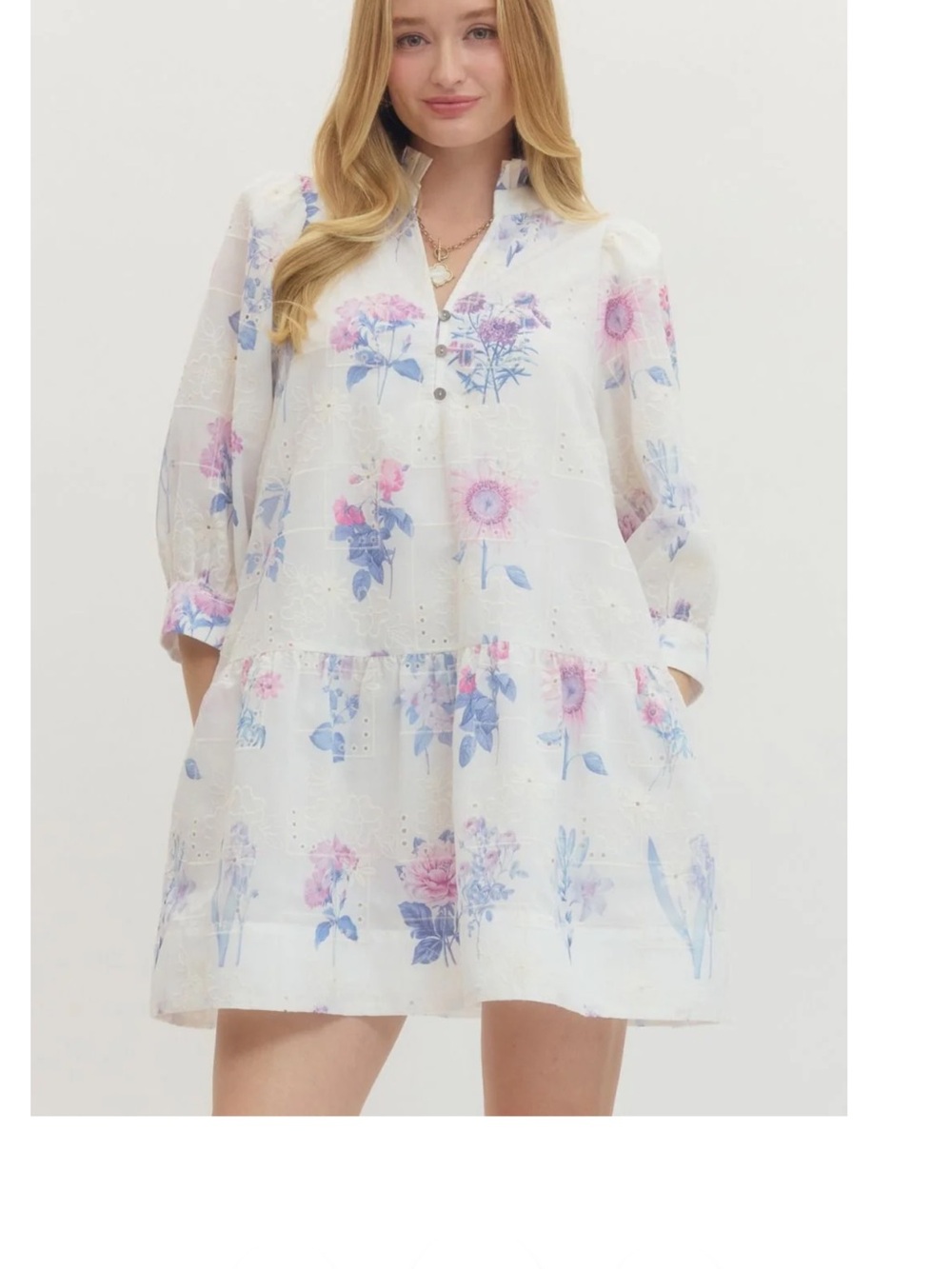 New Boho Cottage White Eyelet Dress with Pink and Blue Floral Pattern